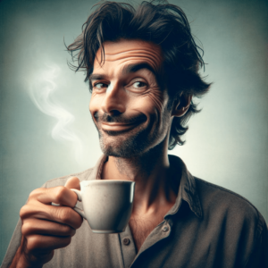 Mand smiler sarkastisk og holder kaffekop op foran sig.